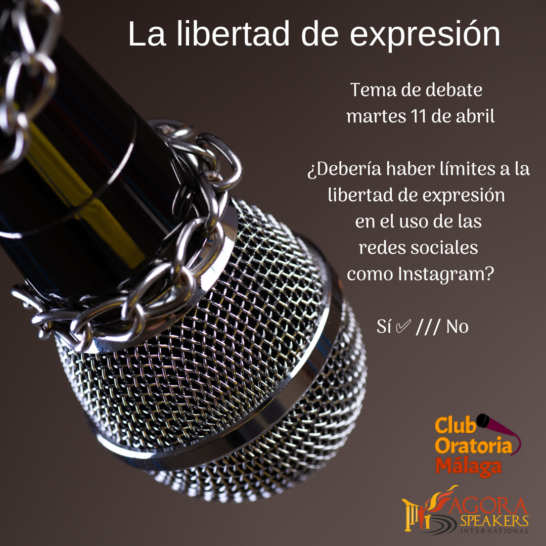 en nuestro club de oratoria hablaremos sobre la libertad de expresión! Cómo este derecho fundamental puede tener consecuencias positivas y negativas. ¿Podemos equilibrar los derechos individuales y colectivos en una sociedad democrática con barreras en la libertad de expresión?: Isabel Almenara (becada este año por el Club Oratoria Málaga), será la #moderadora de esta prometedora sesión. Ella es jovencísima y destaca por su sonrisa, su estilo comunicador asertivo, empático, humorístico y acercándose cada día más, a la persuasión. Será una sesión para liberar tensiones y cadenas a la libertad de expresión. Ven y participa (aunque aún no seas socio/a). Este bloque de debates es abierto para aquellas personas que aún están pensando si quieren mejorar sus habilidades en comunicación con nosotros. No te lo pierdas!!! ¿Qué opinas tú? ¡Comparte entre tus contactos para seguir creciendo como Club! Y ¡déjanos tus comentarios!