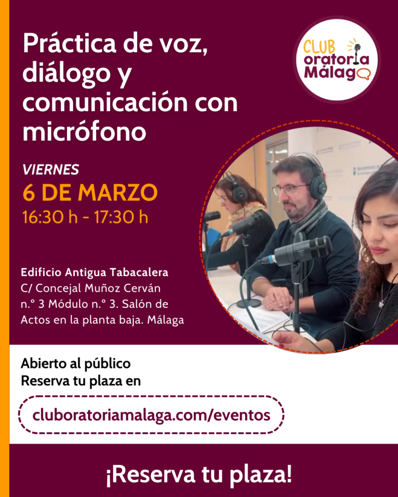 Micrófono abierto. Podcast club oratoria Málaga Mentoría Comunicación, Rollo Creativo y Voz Vibrante